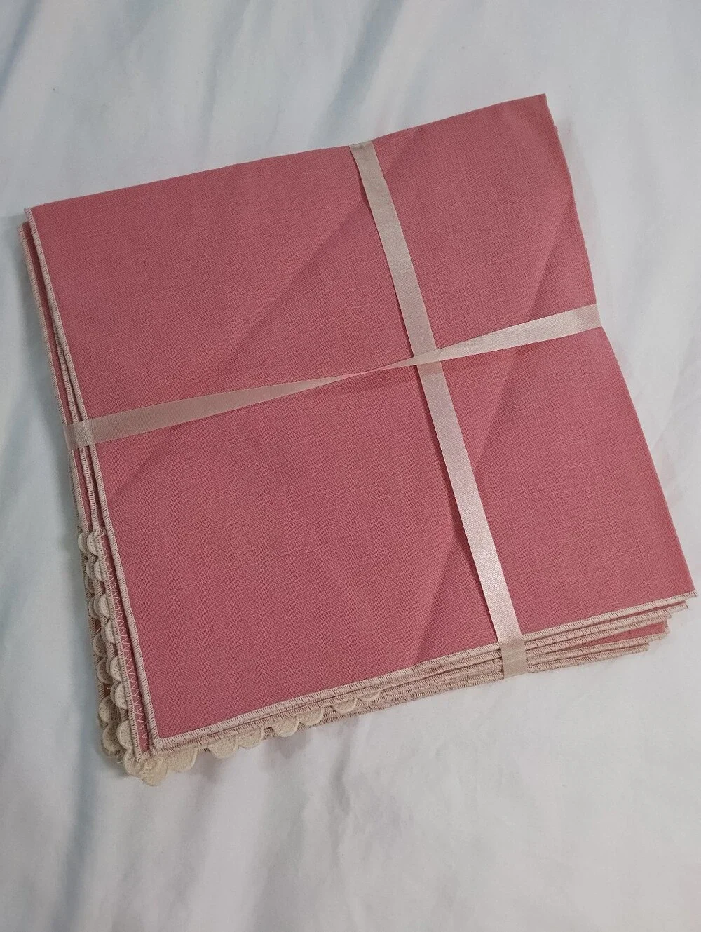 Vintage Pink Dusty Rose Napkins w/Ecru Lace & Edging, Set of 4